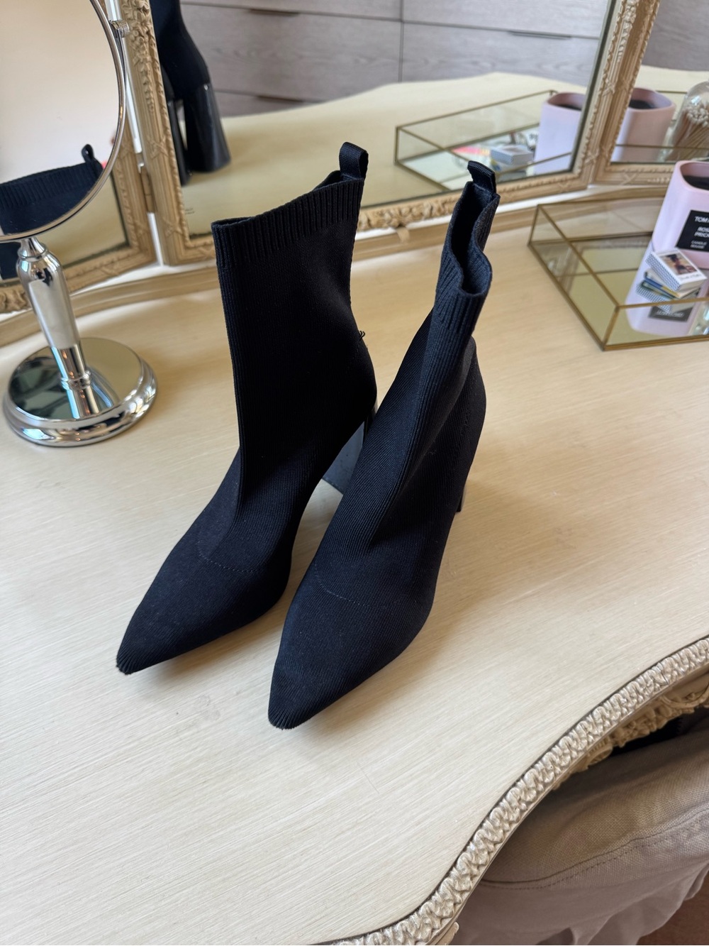 Zara Black Pointed Knit Sock Booties - Women Shoes